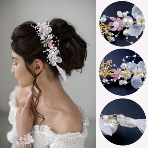 LAPOHI Bridal Flower Crown and Wrist Corsage Set with Pearl and Rhinestones