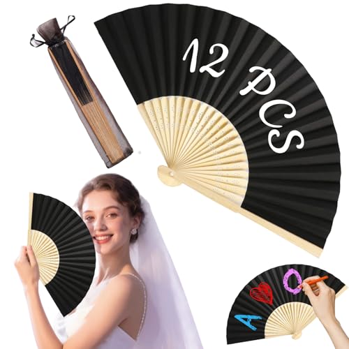 HJX 12Pcs Black Paper Hand Fans - Elegant Wedding Party Favors