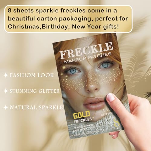 8 Pcs Gold Face Makeup Patches, Gold Glitter Freckles Face Tattoo, Glitter Freckles, Sparkle Makeup Patches, Waterproof Face Glitter Temporary Tattoos for Women and Girls