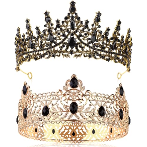 Royal King and Queen Crowns Set with Black Rhinestones