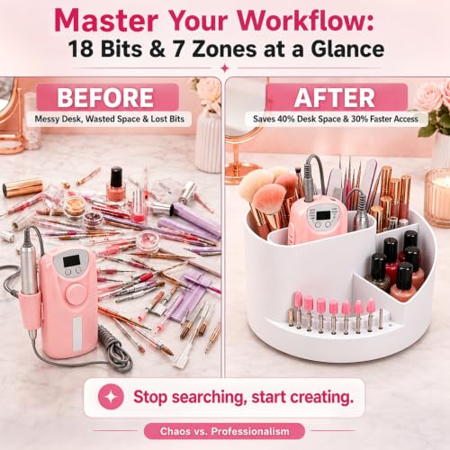 Noverlife Nail Drill Holder - White, 18 Holes, 7 Compartment Organizer