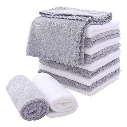 White-Grey Microfiber Facial Cloths 12 Pack - Quick Dry, Soft Makeup Remover Washcloths