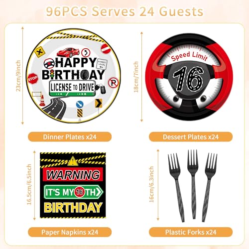 16th Birthday Decorations Set for Boys - Driver's License Theme, 96 Pcs Tableware for 24 Guests