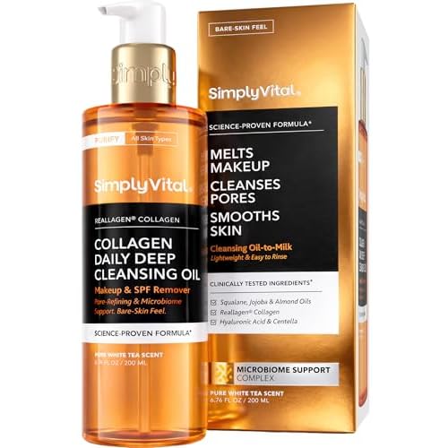SimplyVital Deep Cleansing Oil for Face - SPF, Buildup & Makeup Remover, Deep Pore Cleansing Oil to Milk - Hydrating Oil Cleanser for Face with Collagen & Centella - Vegan - 6.76 fl oz