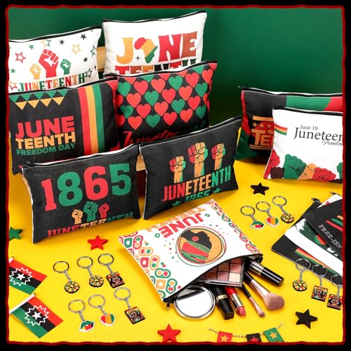 24 Pcs Juneteenth Party Favor Set: 12 Canvas Makeup Bags & 12 Keychains