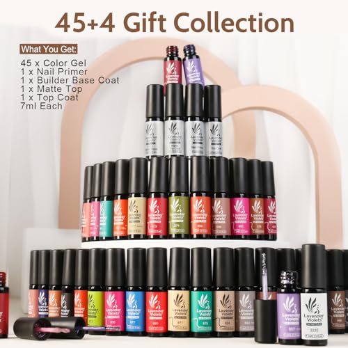 Lavender Violets Amber Brown Gel Nail Polish Set - 49 Pcs with 45 Colors, Glossy & Matte Top Coats