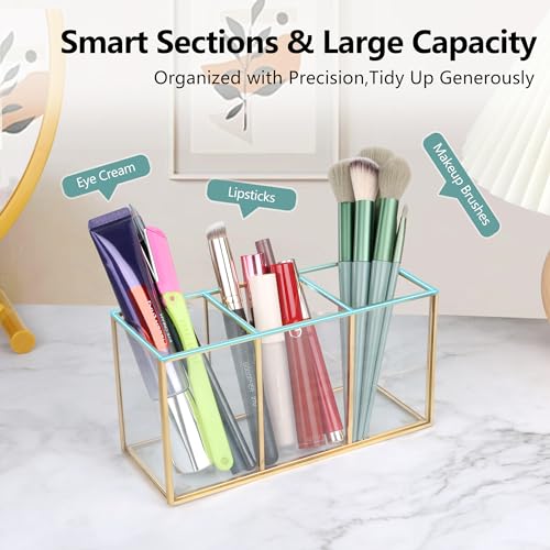 ELEGANTLIFE Clear Tempered Glass Makeup Brush Organizer - 3-Section Holder