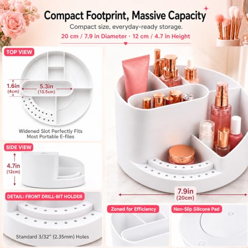 Noverlife Nail Drill Holder - White, 18 Holes, 7 Compartment Organizer