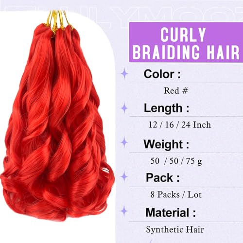 Paraglame 12 Inch Red French Curl Braiding Hair, 8 Packs Synthetic Wavy