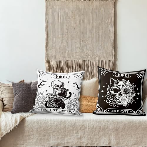 Gothic Skull Black Cat Pillow Cover - 18x18" Polyester Case