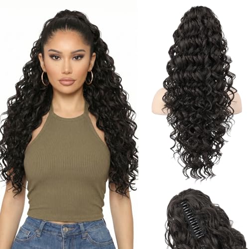 HOOJIH 24 Inch Curly Wavy Ponytail Extension for Women - Black Brown
