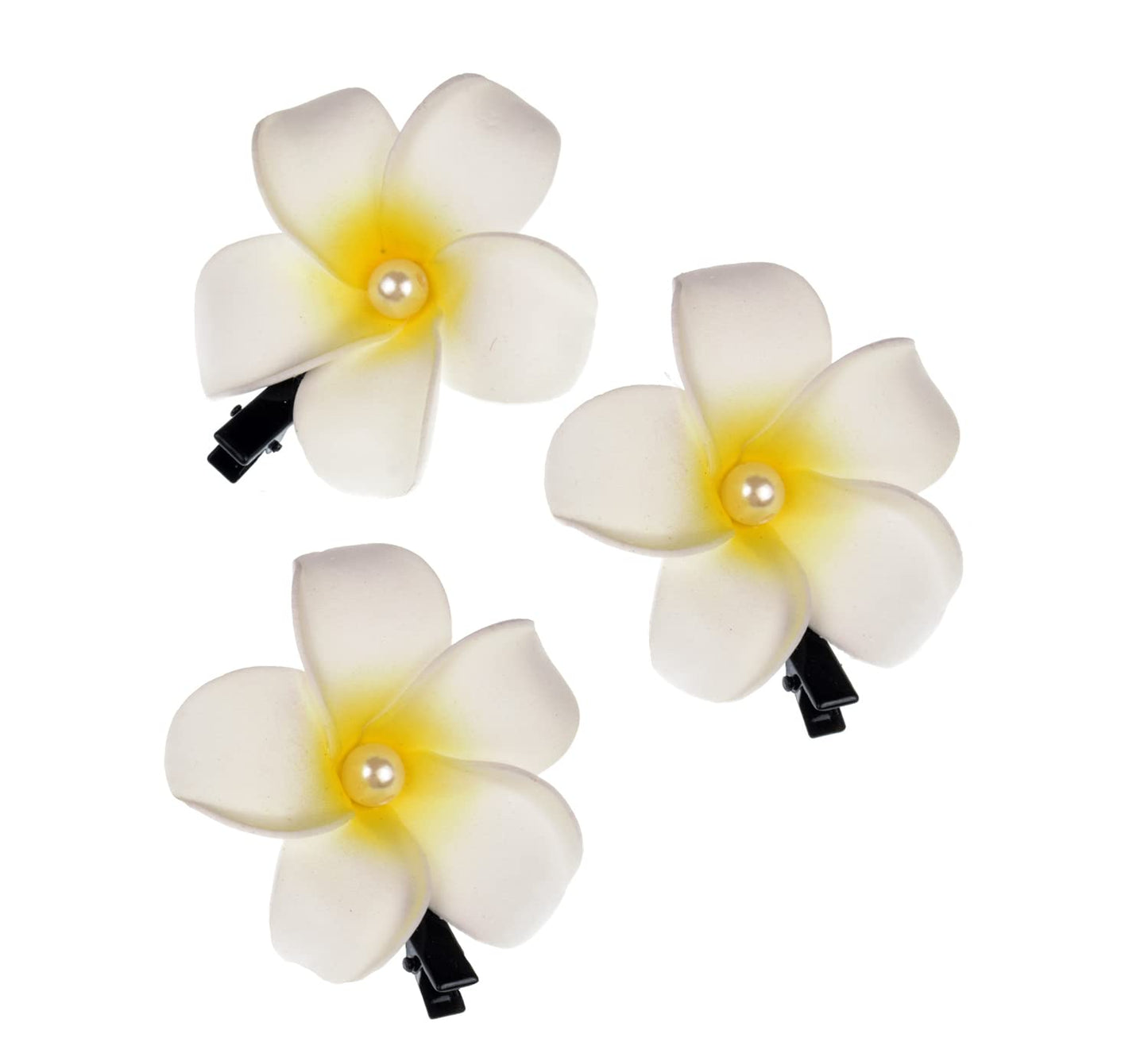 Hawaiian Plumeria Hair Clips - 3pcs Galsang Flower Barrettes for Beach Parties | White
