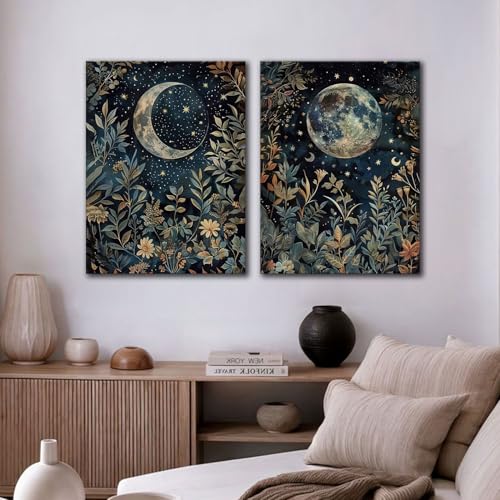 Botanical Canvas Wall Art Set - Celestial Moon & Floral Prints 16x24