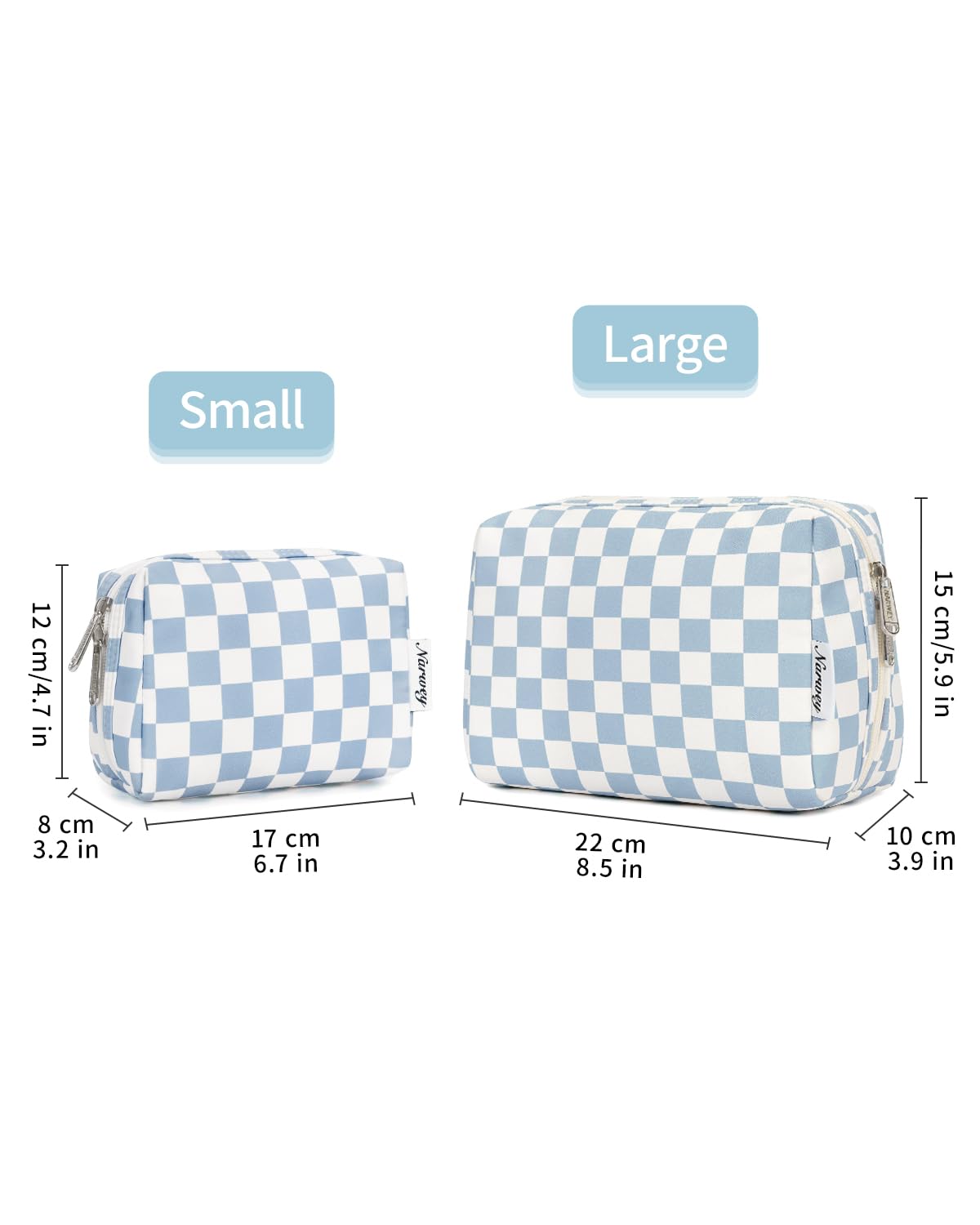 Checkered Makeup Bag - Travel Cosmetic Organizer with Compartments | Large Sky Blue Checkerboard