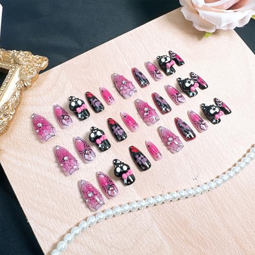FDSQHSA Halloween 30 Pcs Almond Press On Nails Medium with 3D Skull Spider Web Rhinestones - Variation Halloween-21