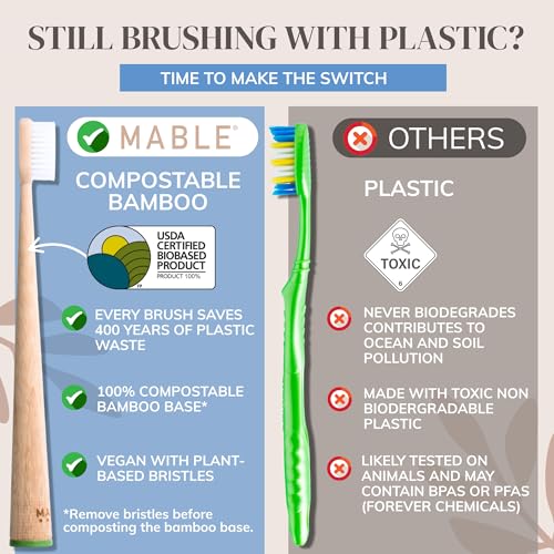 MABLE Soft Bristle Bamboo Toothbrush Pack of 4 – Compostable Eco-Friendly