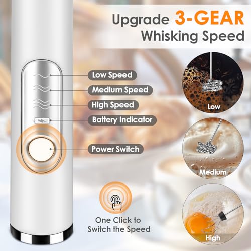 Rechargeable Handheld Milk Frother with 2 Whisks - 3 Speed Electric Mixer for Lattes & Matcha