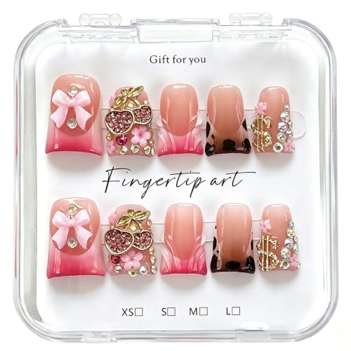 Mirreva Handmade Duck Shape Press on Nails - Y2K Pink Gradient Cherry Bow