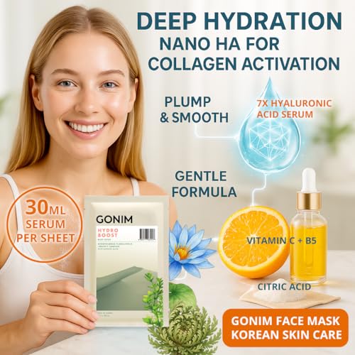 GONIM Hydrating Korean Face Mask Sheet with Hyaluronic Acid - Pack of 5