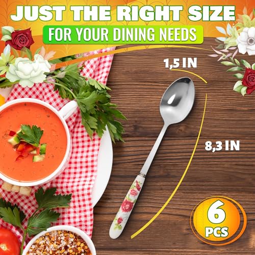 Ceramic Handle Stainless Steel Tablespoons Set of 6 - Floral Design