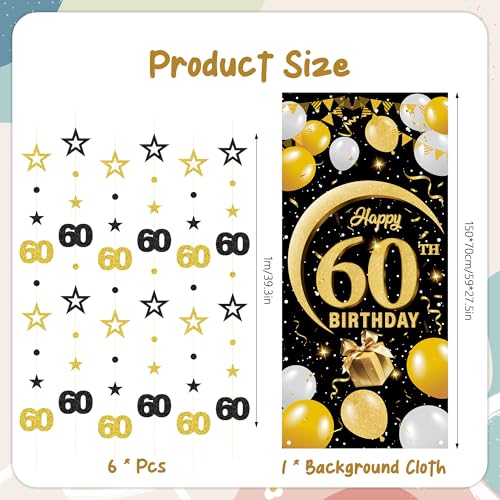 60th Birthday Decorations Set - Black Gold Banner & Swirls