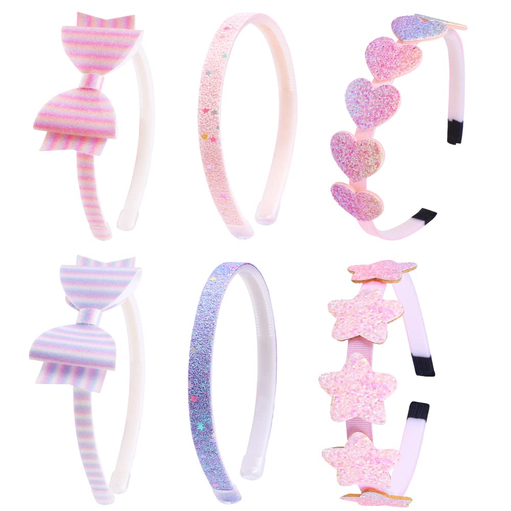 Girls Glitter Headbands - 6 Pack Bow, Heart & Star Shaped Hair Accessories for Toddlers & Teens