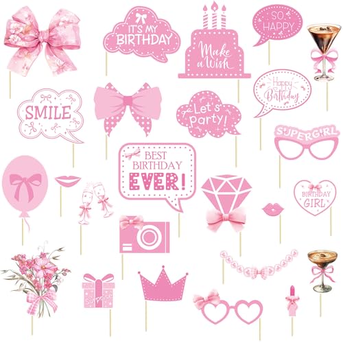25pcs Pink Bow Photo Booth Props for Birthday Parties