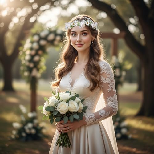 Women's White Floral Crown Headband - Adjustable Halo Headpiece F