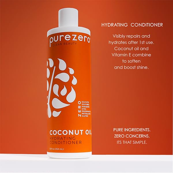 PureZero Coconut Oil Shampoo & Conditioner Set - Vegan, Sulfate-Free, 2 x 12 oz