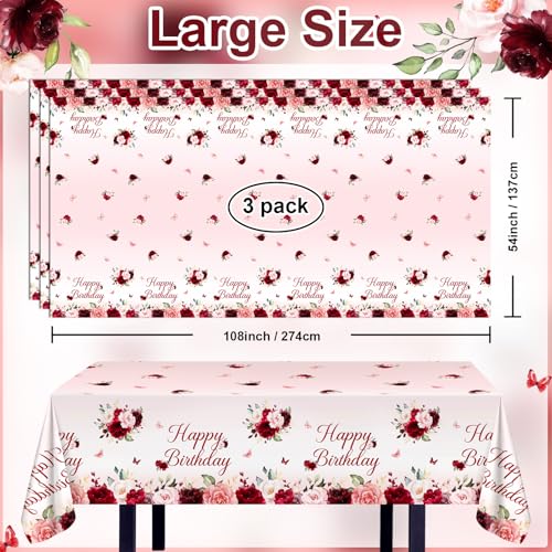 Burgundy Floral Tablecloths - 3 Pack 108x54 inch for Birthday Parties