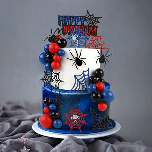Ercadio 35Pcs Spider Web Cake Decorations - Black, Red & Blue Toppers