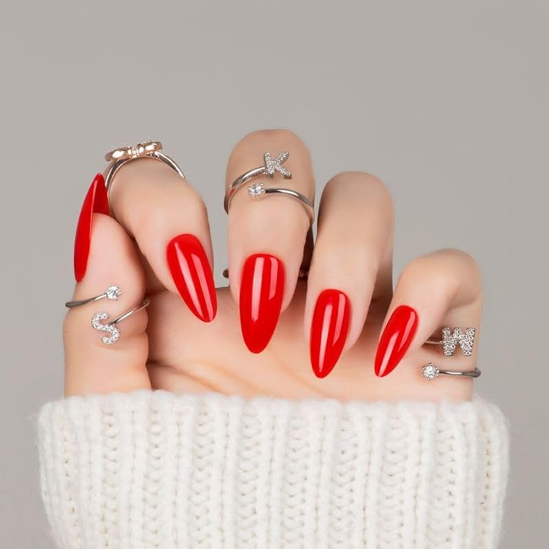 CloudTrip 30Pcs Soft Gel Almond Press On Nails - Warm Red, Reusable Fake Nails Kit with 15 Sizes & Gift Box