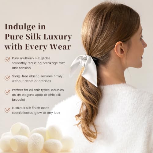 THXSILK White 25 Momme Pure Mulberry Silk Hair Scrunchies with Bow for Women & Girls