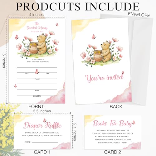 Winnie the Pooh Baby Shower Invitations Set - 25 Fill-In Cards with Envelopes
