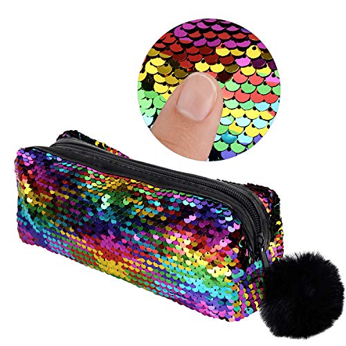 Rainbow Sequin Pencil Case & Makeup Bag for Girls, Large Capacity Organizer