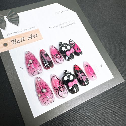 FDSQHSA Halloween 30 Pcs Almond Press On Nails Medium with 3D Skull Spider Web Rhinestones - Variation Halloween-21