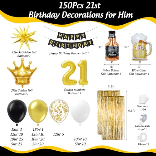 21st Birthday Decorations Kit - 150pcs Balloons, Foil Balloons & Fringe Curtains