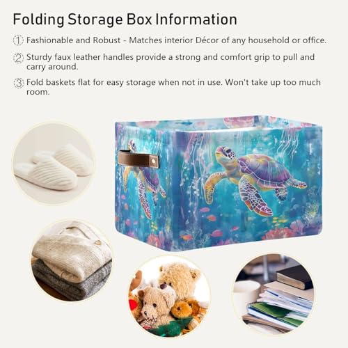 Foldable Storage Basket with Handles - Watercolor Turtle & Jellyfish Design