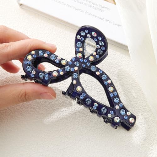AWAYTR Navy Rhinestone Bow Claw Clip for Thick Hair, 4.3"