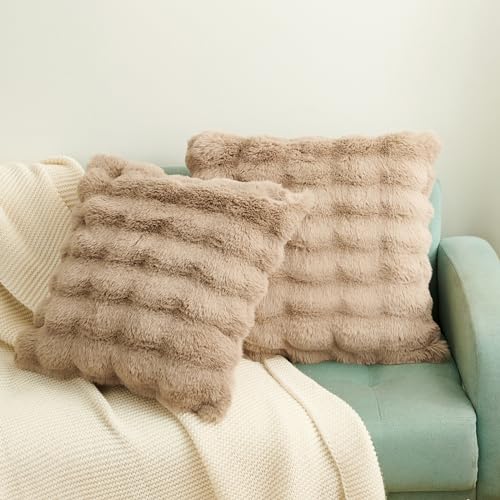 HYSEAS Faux Rabbit Fur Throw Pillow Covers, 18x18, Set of 2 - Cozy & Elegant Home Décor