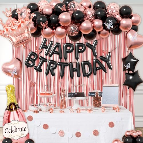 Rose Gold & Black Birthday Party Decorations Set - 60-Piece Kit