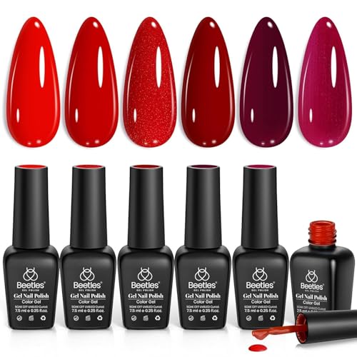 Beetles Red Gel Polish Set - 6 Colors Red Nail Gel Polish Popular Jelly Shimmer Regular Collection Nail Art Design Soak Off Uv LED Nail Kit Minicure DIY Home Salon Spring Gift for Women