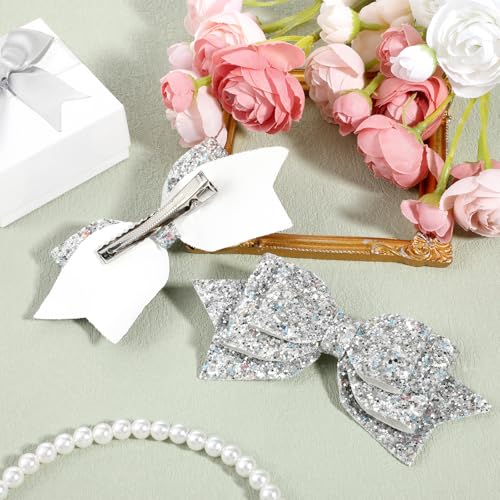 Silver Glitter Hair Bow Clips - 5 Inch Sparkly Accessories for Girls