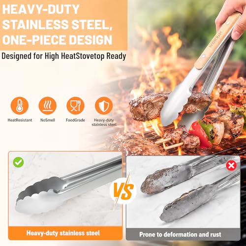 Stainless Steel Kitchen Tongs Set with Oak Wood Handle - 9" & 12"
