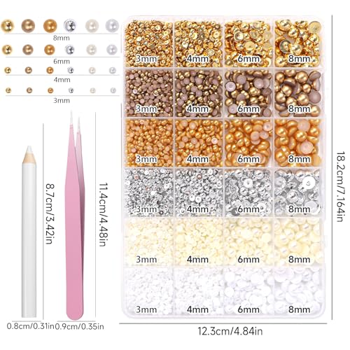 Set-8 Gold Silver Brown White Flatback Pearls for Nail Art & Crafting 4 Sizes