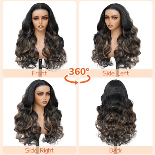28 Inch Honey Blonde Highlights Black Roots Lace Front Wig - Walsdi 5x5 HD Synthetic Body Wave, Pre-Cut & Glueless, Easy Install for Beginners