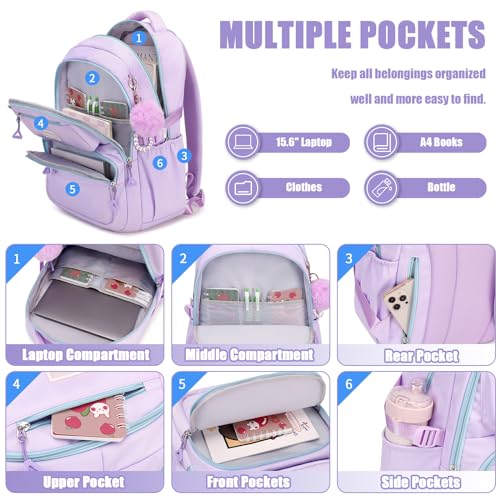 Cute Girls Backpack for Ages 6-12 with Pom Pom Keychain