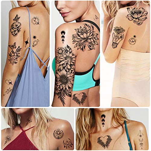 Yazhiji Black Waterproof Temporary Flower and Butterfly Tattoo Sheets for Women & Girls