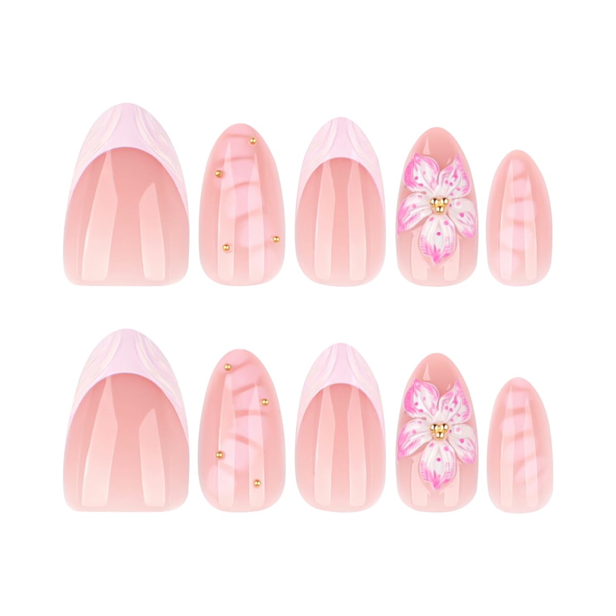 French Tip Press-On Nails - 24Pcs Short Almond 3D Cherry Blossom Design | Reusable Acrylic in Nude Pink with Gold Rhinestones