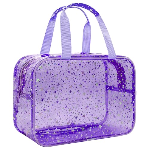 Large Clear Purple Star Makeup Bag - 12x5x8 inch Travel Organizer